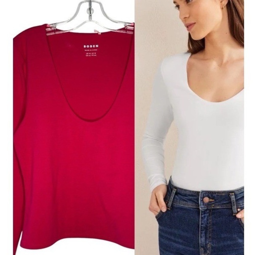 Boden T1319 Scoop Neck Top Women Size 12 Pink New Long Sleeve Cotton Blend